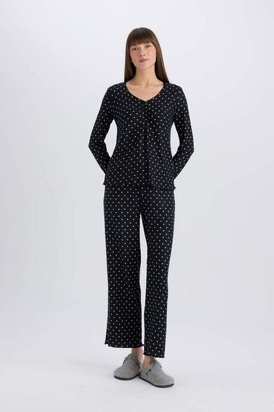 DeFacto New Season Pajama Set Softshell Long Sleeve Top Stretch Waist Long Bottom-Fall in Love