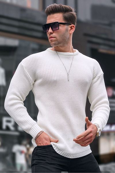 Madmext Knochenfarbener Basic Knitwear Herrenpullover 5990