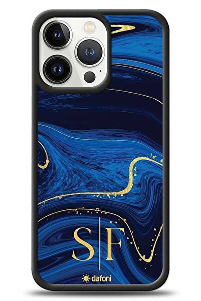 Dafoni Glossy iPhone 13 Pro Max Kişiye Özel Çift Harf Simli Lacivert Mermer Kılıf
