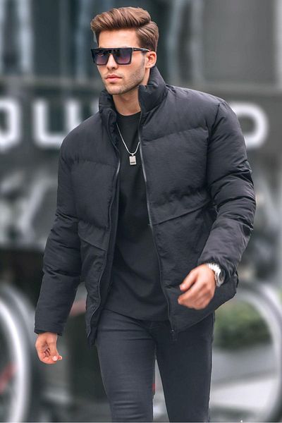 Madmext Schwarze Pufferjacke für Herren mit Stehkragen 6807