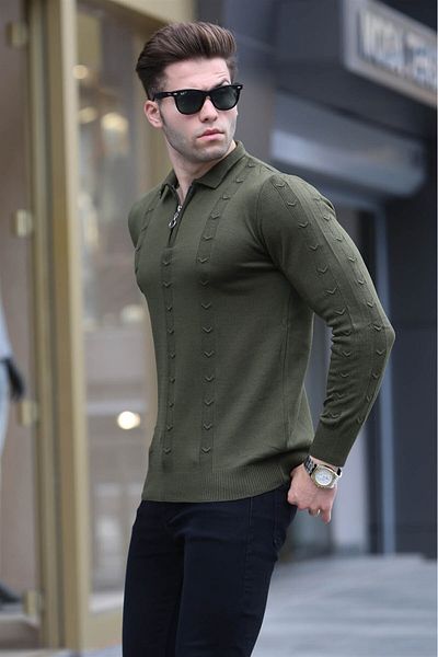 Madmext Πλεκτό πουλόβερ με φερμουάρ Khaki 5606