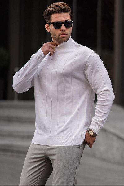 Madmext Ecru Slim Fit halber Rollkragenpullover mit Streifen für Herren 6344