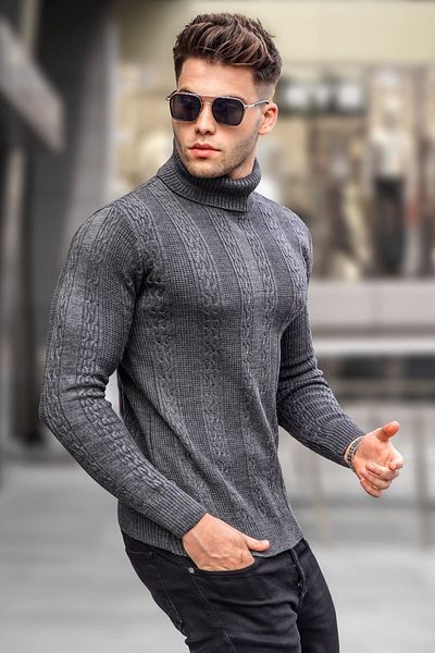 Madmext Anthracite Patterned Turtleneck Knitwear Sweater 5769