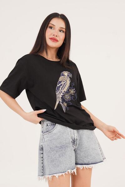 Hipo Trend Tricou negru cu model papagal și detaliu de piatră