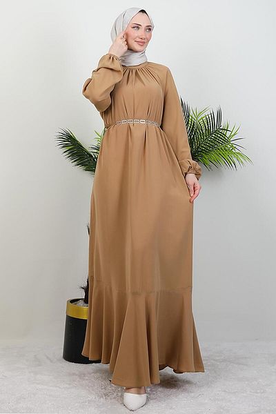 GİYZAMİLA Chain Belted Hijab Dress Sütlükbrown