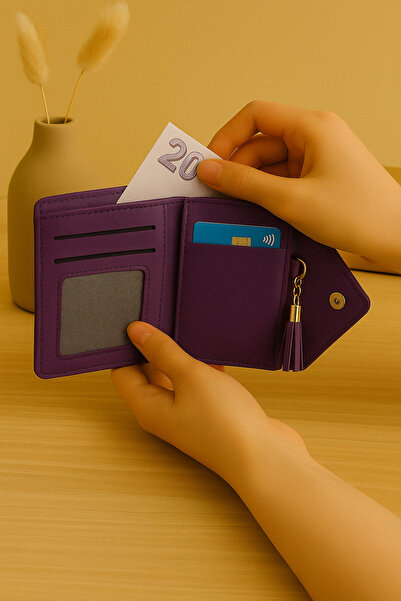 Dema Kadın Cüzdan Mor Deri Püsküllü Kartlık