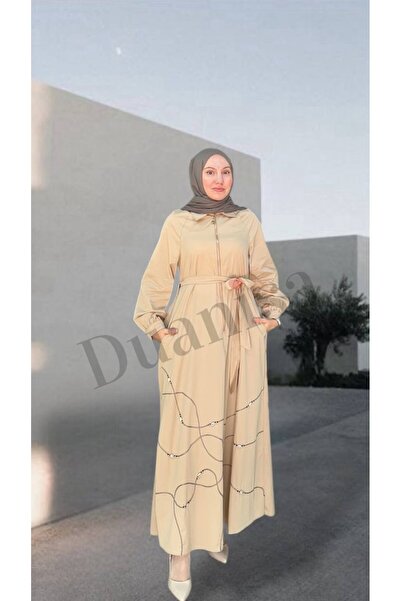 Ceremony Patlı Fermuarlı Poplin Elbise Bej S-5779