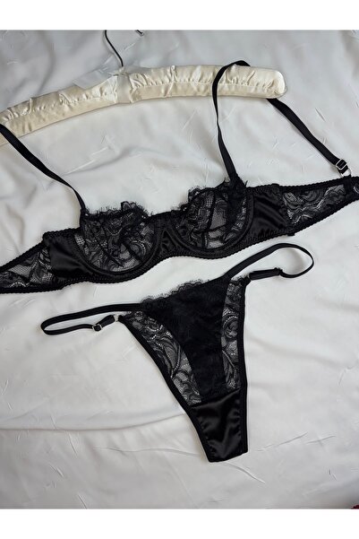 ROZENİN LINGERIE Sevgililer Günü Özel Siyah Dantel Detaylı Saten Kapsız Balen...