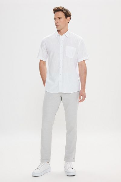 AC&Co / Altınyıldız Classics Men's White Comfort Fit Relaxed Cut Hidden Button Collar Linen Look 100% Cotton Flared Shirt