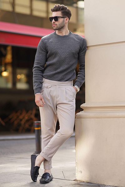 Madmext Herringbone Patterned Anthracite Long Sleeve Knitted Sweater - Crew Neck 7219