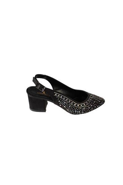 Yaz Kış Ayakkabı Yazkiş Women's Black Silver Satin Beam Stone 5cm Thick Heel Closed Front Open Back Evening Dress Shoes