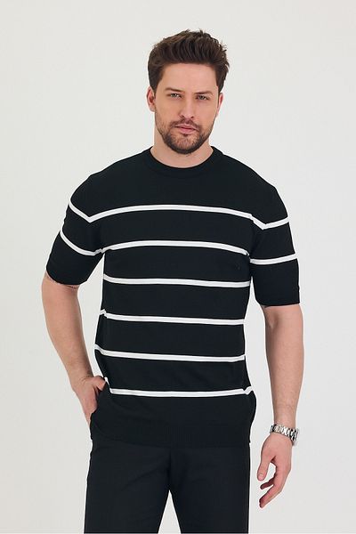 Tarz Cool Tricou subțire pentru bărbați, cu decolteu, cu mânecă scurtă, cu detaliu de linie groasă