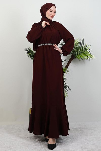 GİYZAMİLA Chain Belted Hijab Dress Dark Burgundy