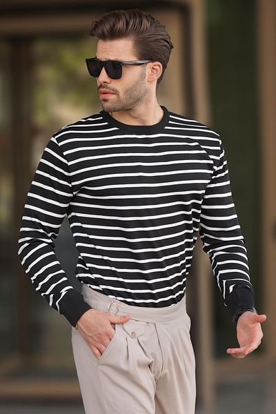 Madmext 7241 Model Pulover cu decolteu cu dungi negre