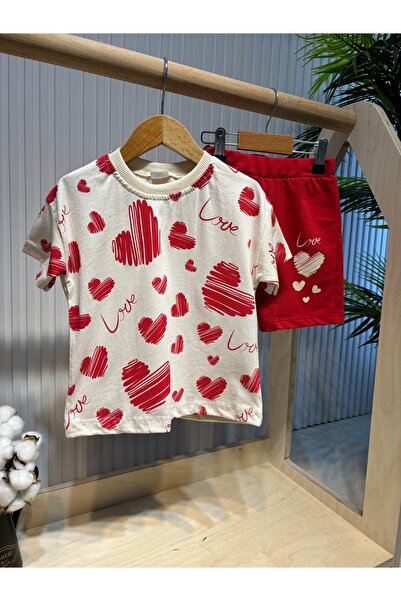 Canbi Kids Girl's Heart Printed T-Shirt Red Shorts Cotton 2 Piece Set