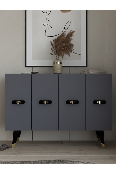 DEMONTE DECOR Quartdd (KM120) Konsol , Çok Amaçlı Dolap - Antrasit Altın (V KULP)