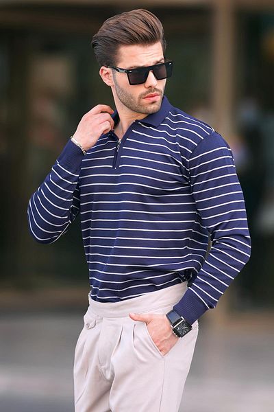 Madmext Marineblauer gestreifter Strickpullover mit Polokragen und Reißverschluss 7243