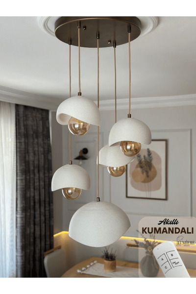 Lumiere Kumanda Kontrollü 5’li Beton Görünümlü Sarkıt Avize – İskandinav & Bohem Tarz, Gün Işığı Ampul Dahil