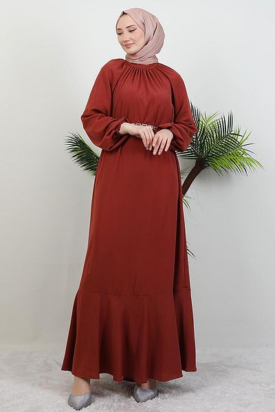 GİYZAMİLA Chain Belted Hijab Dress Coral