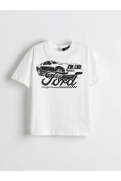 LC Waikiki Lcw Kids Ecru Crew Neck Ford Printed Boys T-Shirt