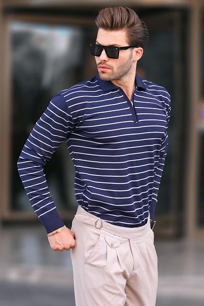 Madmext Marineblauer gestreifter Strickpullover mit Polokragen und Reißverschluss 7243