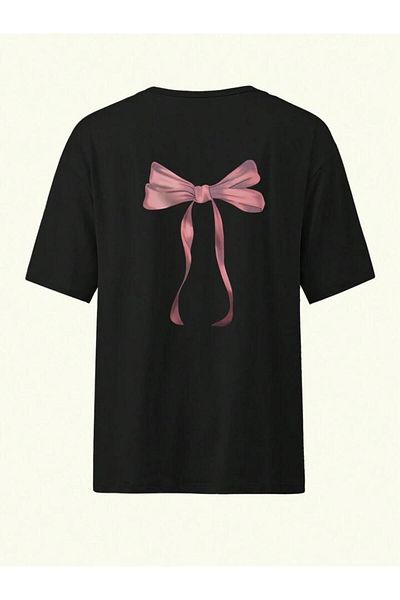 trendgar Tricou oversize negru cu imprimeu pe spate cu fundita roz