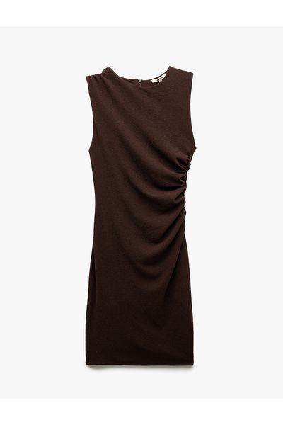 Koton Crepe Fabric Sleeveless Crew Neck Draped Above Knee Length Pencil Dress