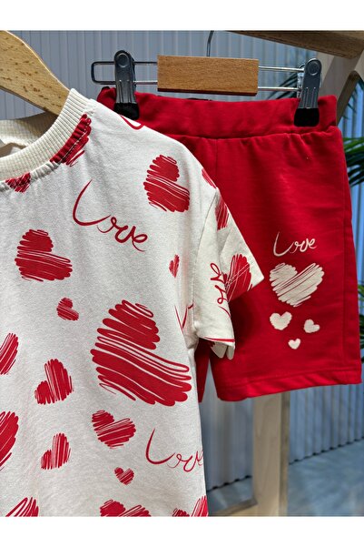 Canbi Kids Girl's Heart Printed T-Shirt Red Shorts Cotton 2 Piece Set