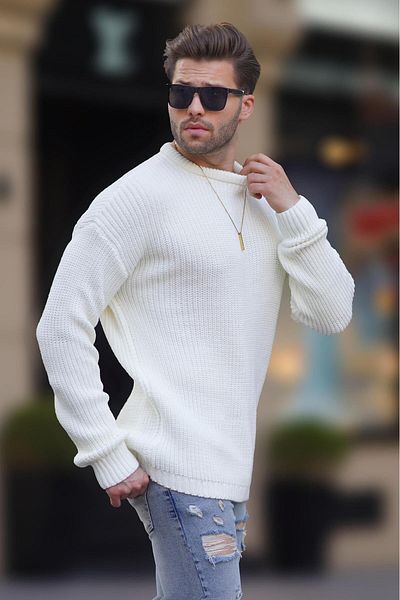 Madmext Long Sleeve Crew Neck Knitted Sweater - Bone Color 7246
