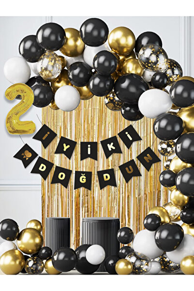 Parti Atölyesi 2 Yaş Balonlu Siyah Konsept Doğum Günü Balon Zinciri Toplam 35...