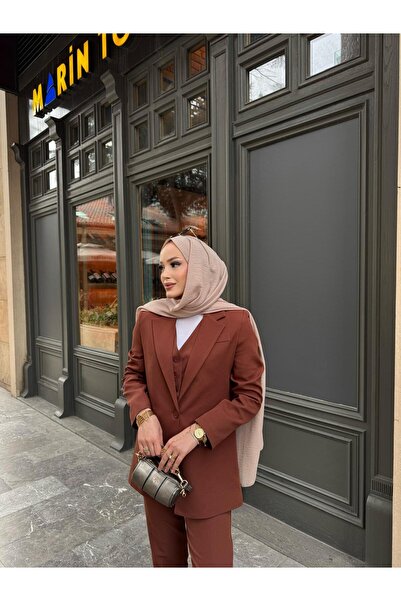 MYGİYİMİSTANBUL Jacket Vest Slim Leg Pants Waist Elastic Detail 3 Piece Suit