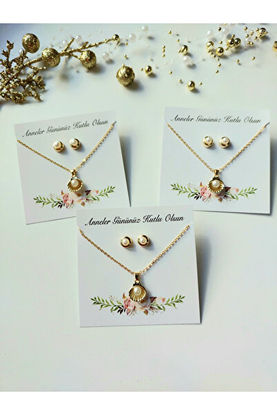 Lilamor Anneler Günü Hediyesi Gold Renk İstiridye İnci Kolye Ve İnci Küpe Set...