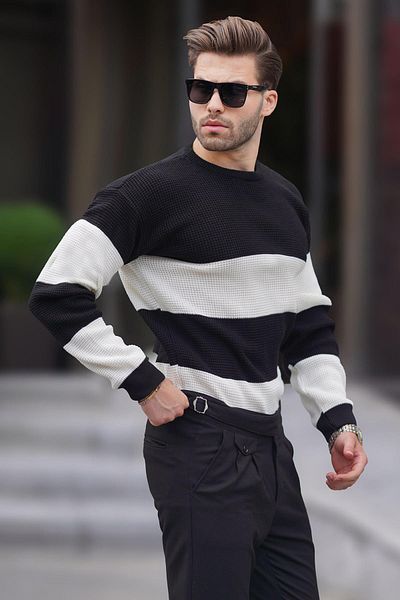 Madmext Pulover tricotat negru cu mânecă lungă și decolteu - Color Block 7236