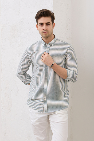 RAVANELLI Erkek Haki Çizgili Pamuk Keten Modern Slim Fit Gömlek