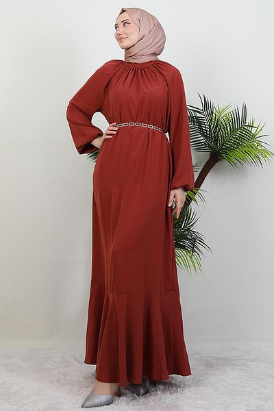 GİYZAMİLA Chain Belted Hijab Dress Coral