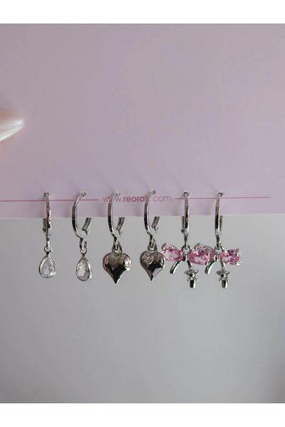 Reorah Collection Bow Shine Earrings Set-Ribbon Heart Earrings Set