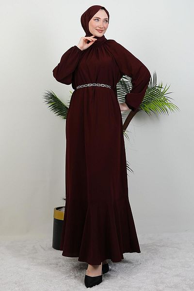 GİYZAMİLA Chain Belted Hijab Dress Dark Burgundy