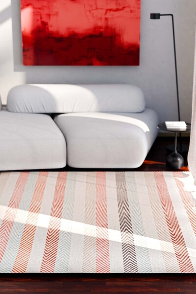 Serente Home Stripe Patterned Washable Non-Slip Base Chenille Cream Tile Kitchen Carpet 4154