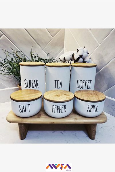 AVŞA Global 6-Piece Glass Jars 3 Large 3 Small Duo Set + Rectangular Footed Cutting Board