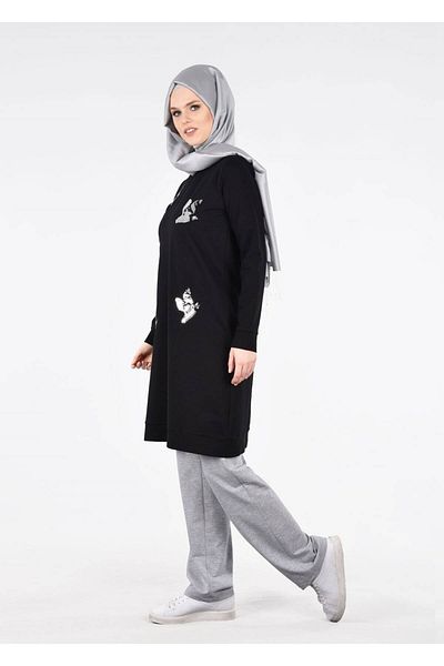 TRENDTESETTÜR Γυναικείο Μαύρο T 2531 Bird Sequined 2-Pece Sports Hijab Suit - Bwest