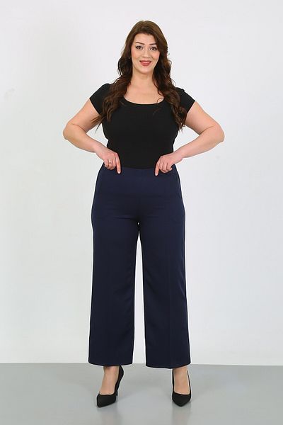 By Alba Collection Women's Navy Blue Dumbbell Fabric Oval Pocket Back Elastic Large Size Trousers