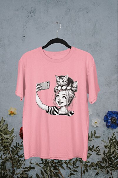 Butik تي شيرت بناتي/نسائي/أمي كات بوسي- نقل مطبوع برقبة دائرية وأكمام قصيرة