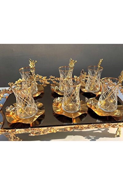 SEVA ÇELİK Gold Tea Plate Set of 6 with Japanese Roses Decorative and Stylish Coasters Gold