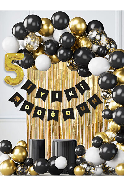 Parti Atölyesi 5 Yaş Balonlu Siyah Konsept Doğum Günü Balon Zinciri Toplam 35...
