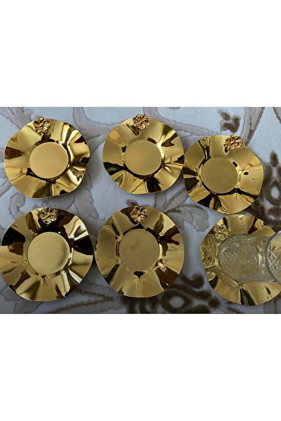 SEVA ÇELİK Gold Tea Plate Set of 6 with Japanese Roses Decorative and Stylish Coasters Gold