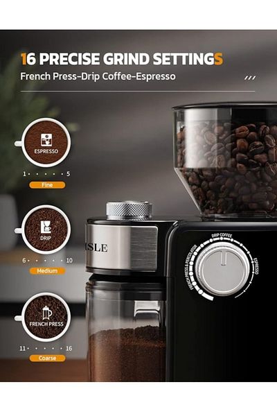 ET-LIFE Electric Burr Coffee Grinder - 18 Grind Settings for Espresso, Drip, French Press, & More