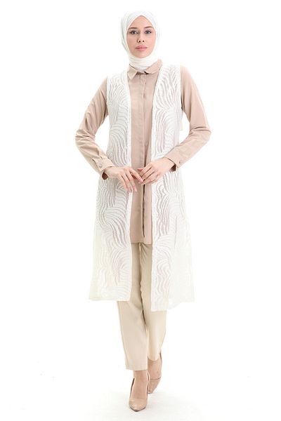 sefamerve Lace Long Vest 8742A-01 White