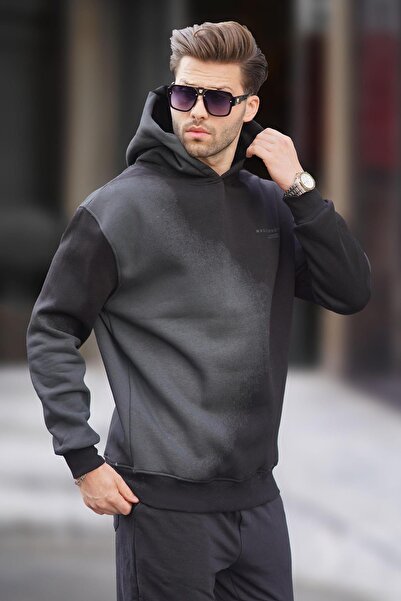 Madmext Ανδρικό φούτερ Oversize - Μαύρο εμπριμέ, με κουκούλα και απαλό ύφασμα 7051