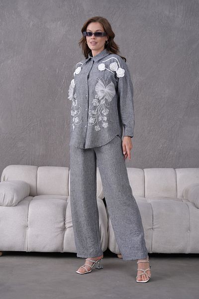 Miss Allos Women's Front Embroidered Rose Flower and Stone Decorated Ribbon Detailed Linen Shirt and Pants Bottom Top Set