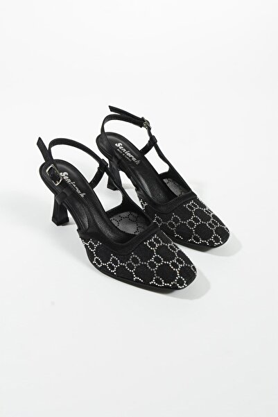 Seniorah Transparent Black Women's Heeled Shoes with Stone Detail